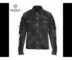 Wholesale cotton black color washed oversized distressed denim mix jacket