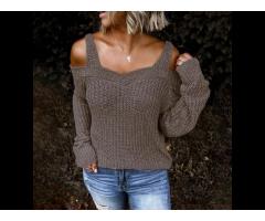2021 Women's Long Sleeve Knit Top Casual Solid Color Cold Shoulder Sweater Women