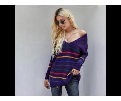2021 Trendy Striped Fall Tops For Women Pullover Off Shoulder Loose Knit Sweater