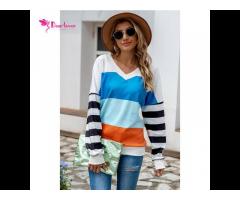 Wholesale Trendy Color Block Sweatshirt V Neck Pullover For Women Sweat Shirts