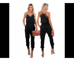 Casual Loose Sleeveless Woman Clothing Black Lace Patchwork Spaghetti Strap Slim-fit Jumpsuit