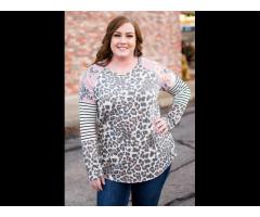 Hot Selling Breathable Comfortable Soft Woman Casual Top Leopard Stripe Floral Patch