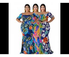 2021 Summer  Women Elegant Wear Off-The-Shoulder Floral Print Plus Size Woman Maxi Dress