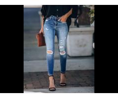 2022 custom high waist zipper fly slim fit skinny ripped denim fabric trousers women jeans