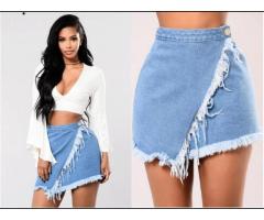 Irregular Tassel Design Casual Slim Skinny Stretchy Women Denim Jeans Short Skirt