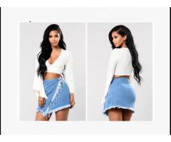 Irregular Tassel Design Casual Slim Skinny Stretchy Women Denim Jeans Short Skirt - Image 2