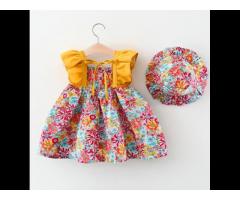 KS0698 Cute summer baby girl flower dresses cotton flutter sleeve baby dress with hat