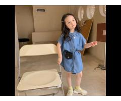 KS0068 Solid kids denim dress thin summer fabric button up jean dress for girls