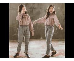 KS8468 wholesale autumn girls' clothing sets cotton shirt and check pants
