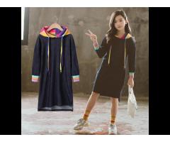 KS8464 Children's wear girl's dress fall new cartoon denim skirt with color block hoodies