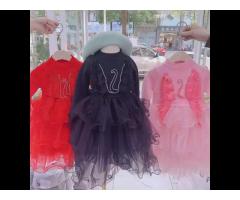 KS1872 Fancy swan design kids knit dress nice stitching princess dress girls - Image 3