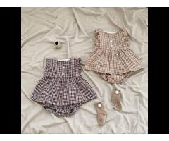 2022 summer new baby children's small plaid flying sleeve top bread pants female baby