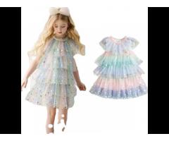 Girls Dresses Casual Cake Mesh Rainbow Gown Star Sequins Princess Dresses - Image 1