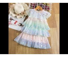 Girls Dresses Casual Cake Mesh Rainbow Gown Star Sequins Princess Dresses - Image 2