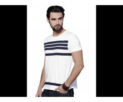 2021 Custom Men White & Navy Striped Round Neck T-shirt deep round neck t-shirt o neck t-shirt