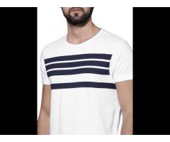 2021 Custom Men White & Navy Striped Round Neck T-shirt deep round neck t-shirt o neck t-shirt - Image 3