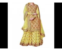 Designer Dress Material Sharara Yellow Color Pakistani Designer Bridal Dresses Collection - Image 1