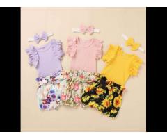 Newborn Baby Girl Clothes Set Summer Rib Short Sleeve Romper Floral Shorts Headband 3Pcs - Image 1