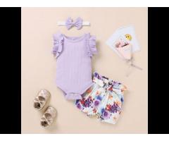 Newborn Baby Girl Clothes Set Summer Rib Short Sleeve Romper Floral Shorts Headband 3Pcs - Image 2
