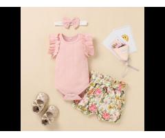 Newborn Baby Girl Clothes Set Summer Rib Short Sleeve Romper Floral Shorts Headband 3Pcs - Image 3