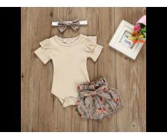 Newborn Baby Girls Autumn Clothing Set Cute Solid Ruffle Long Sleeve Top+Shorts+Hairband
