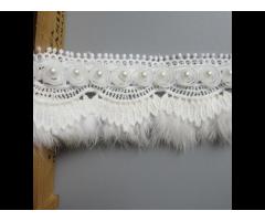 Pearl Flower Embroidered Ribbon Fabric White Faux Fur Villus Lace Trim Handmade
