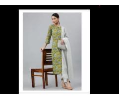 Janasya Women's Green Cotton Straight Kurta With Pant And Dupatta