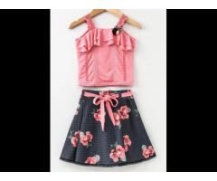 E1 Cotton Blend Peach Printed Top With Skirt