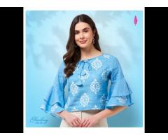 Block Printed Chambray Top With Bell Sleeves