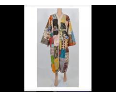 Indian Beautiful Kantha Kimono Long Dress Jacket Cotton Handmade Robe Beach Cover