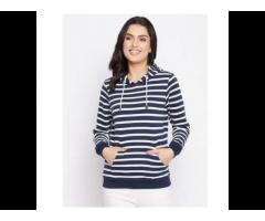 Women Navy Blue Striped Hooded Sweatshirt