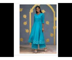 Jaipur Kurti Women Turquoise Solid Embroidered Cotton Flared Kurta with Palazzos