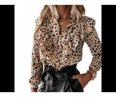 TONGYANG Women Elegant Ruffle Blouse Shirts Polka Dot Leopard Printed Blouses V-Neck