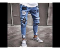 TONGYANG Men Stretchy Ripped Skinny Biker Embroidery Print Jeans Destroyed Hole Taped Slim Fit