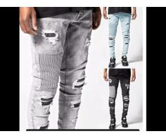 Men Stretchy Ripped Skinny Biker Embroidery Patch Jeans Destroyed Hole Slim Fit Denim High Quality