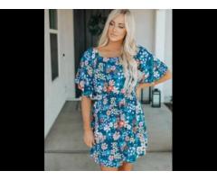 High Quality Short Sleeve Square Neck Ruffle Floral Sexy Casual Summer Dress 2023