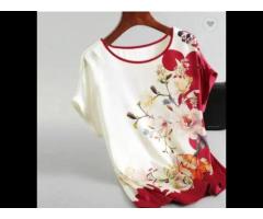 High-grade ice silk fabric positioning print t-shirt summer big yard mum tops round neck - Image 2