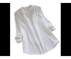 New hot selling large cotton linen long sleeved shirt women's solid color loose top - Image 1