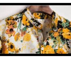 Hot sale Short Sleeve Casual Flower Cotton Linen shirt for men - Image 3