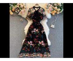 Summer Women's Vacation Elegant French A-line Floral Lace Mesh Patchwork Maxi Dress - Image 3