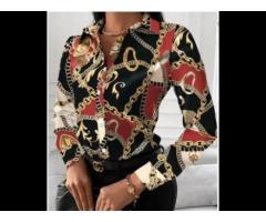 Ladies Long Sleeve Button Up Women Shirts Fashionable Chain Printed - Image 3
