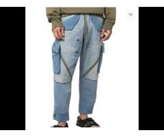 contrast paneled side patch pocket webbing detail vintage denim tapered jeans men's cargo pants - Image 1