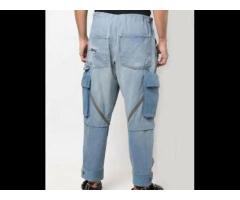 contrast paneled side patch pocket webbing detail vintage denim tapered jeans men's cargo pants - Image 2