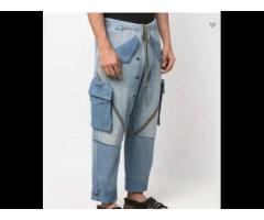 contrast paneled side patch pocket webbing detail vintage denim tapered jeans men's cargo pants - Image 3