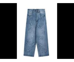 Street Letter Patch Monogrammed Embroidered Loose Straight Wide Leg Jeans Pants Men - Image 2