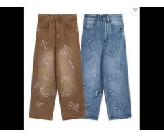 Street Letter Patch Monogrammed Embroidered Loose Straight Wide Leg Jeans Pants Men - Image 3