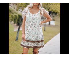 2022 Casual Ruffled Neckline Floral Print Mini Dress Babydoll Sundresses Women Summer
