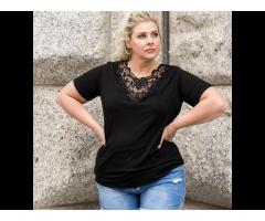 Plus Size Women Clothing 2022 Crochet Stitching Shirts For Women Lace Splicing Plain T Shirt