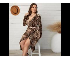 2022 Hot Sale Leopard Wrap V Neck Dresses For Women Sexy V Neck Plus Size Dress