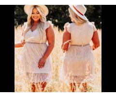 2022 White Dresses For Woman Elegant Plus Size V Neck Ruffled Sleeve Lace Dress